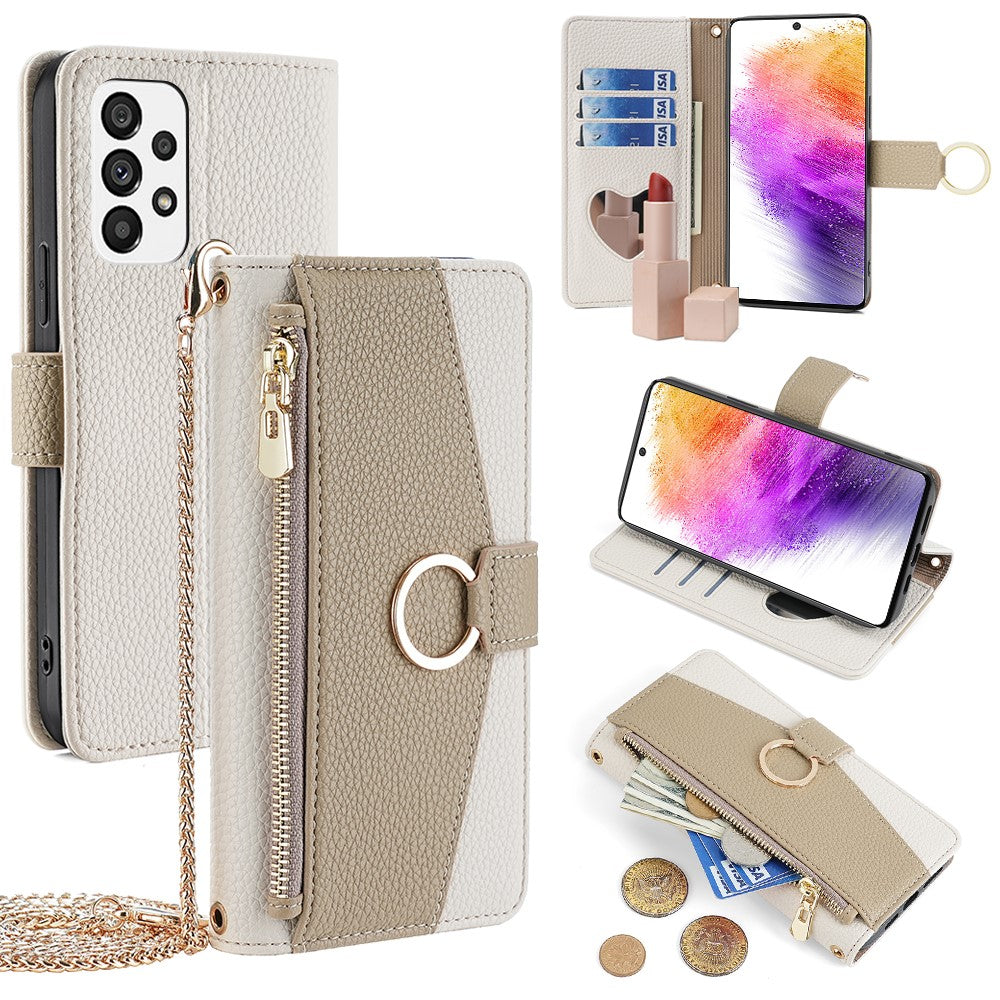 Galaxy A73 5G Wallet-Hülle – Litschi-Textur, mit Spiegel & Kettenschultergurt