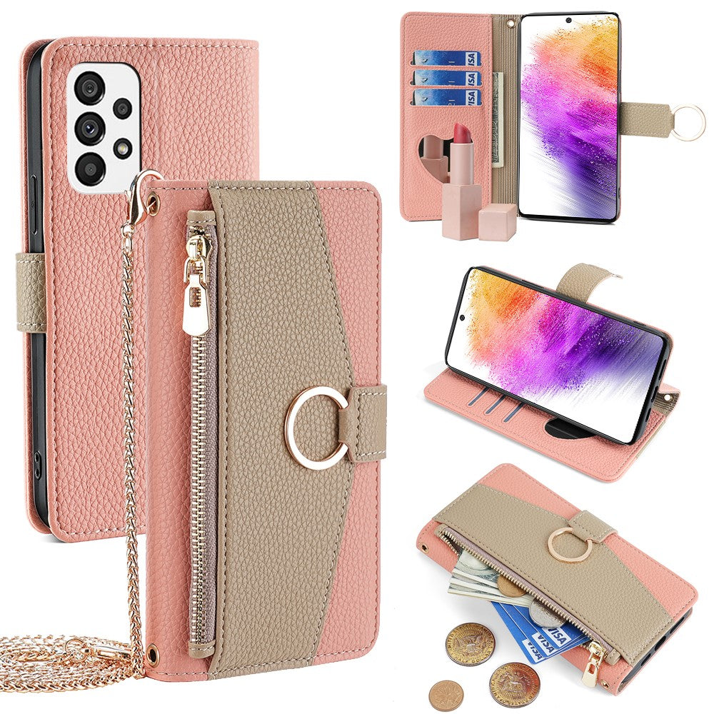 Galaxy A73 5G Wallet-Hülle – Litschi-Textur, mit Spiegel & Kettenschultergurt