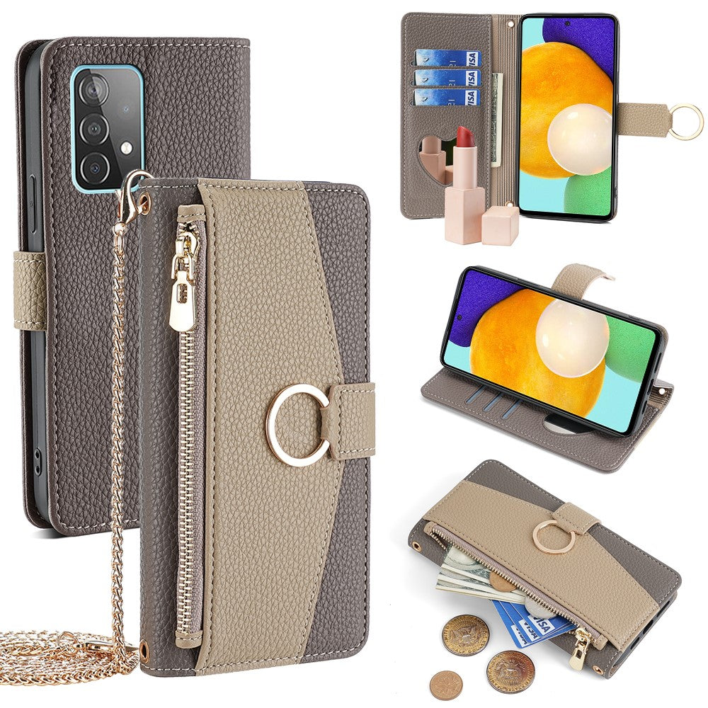 Galaxy A52 4G/5G / A52s 5G Wallet-Hülle – Litschi-Textur, mit Spiegel & Kettenschultergurt