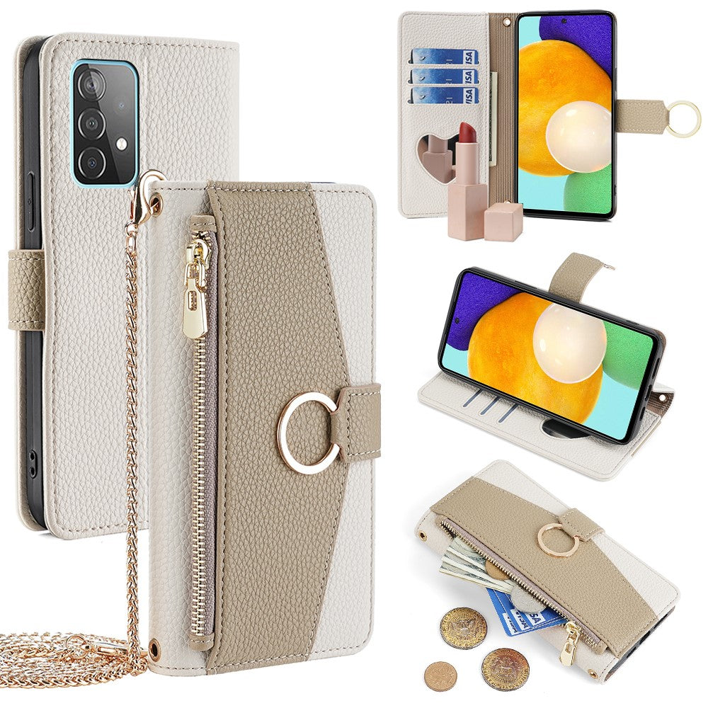 Galaxy A52 4G/5G / A52s 5G Wallet-Hülle – Litschi-Textur, mit Spiegel & Kettenschultergurt