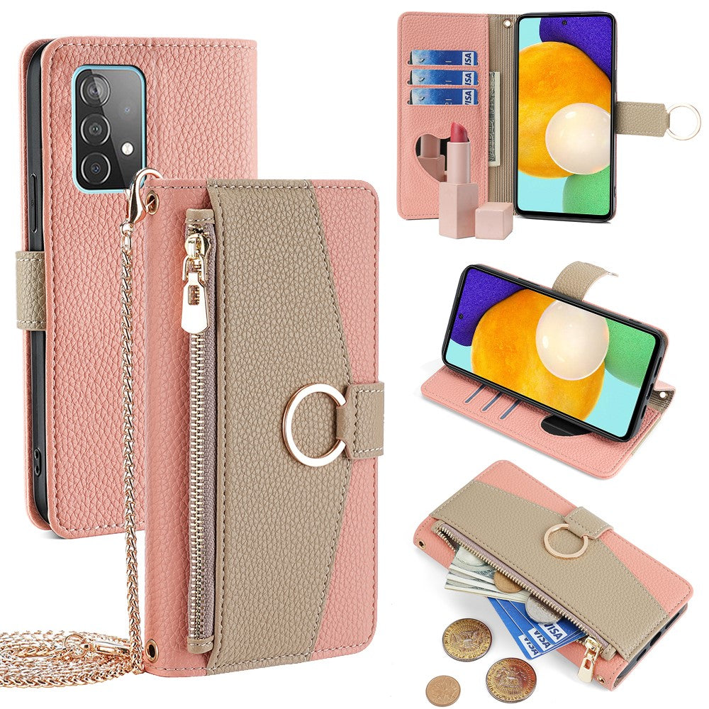 Galaxy A52 4G/5G / A52s 5G Wallet-Hülle – Litschi-Textur, mit Spiegel & Kettenschultergurt