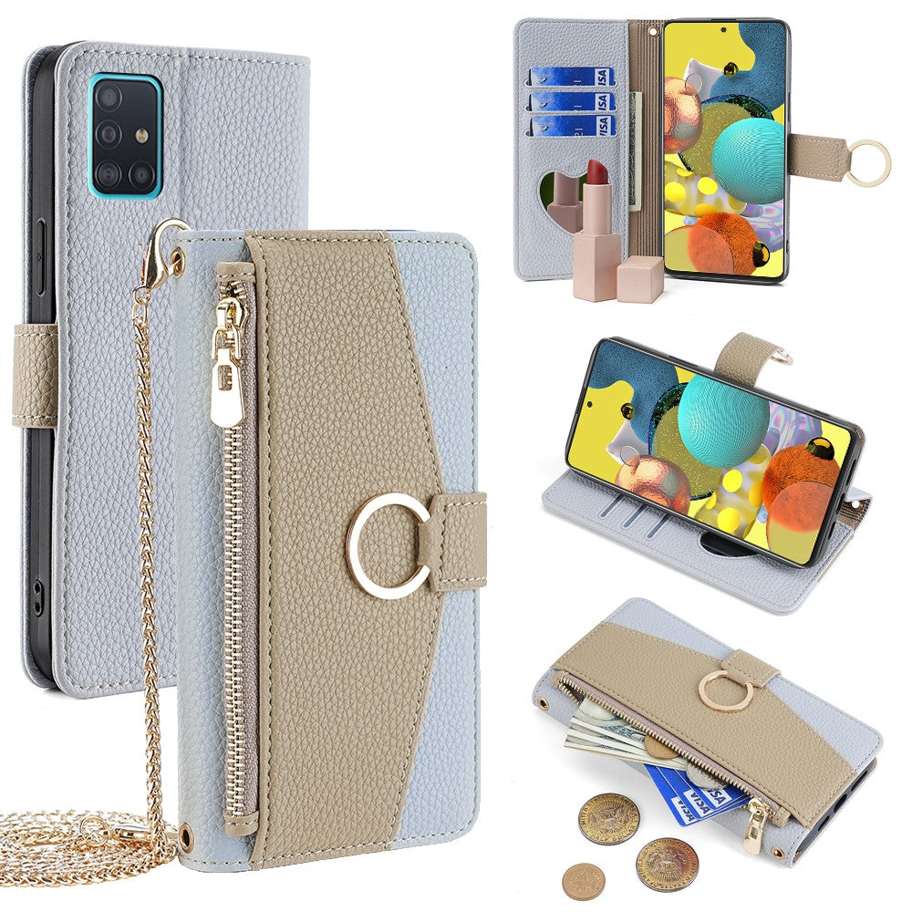 Galaxy A51 5G Wallet-Hülle – Litschi-Textur, mit Spiegel & Kettenschultergurt