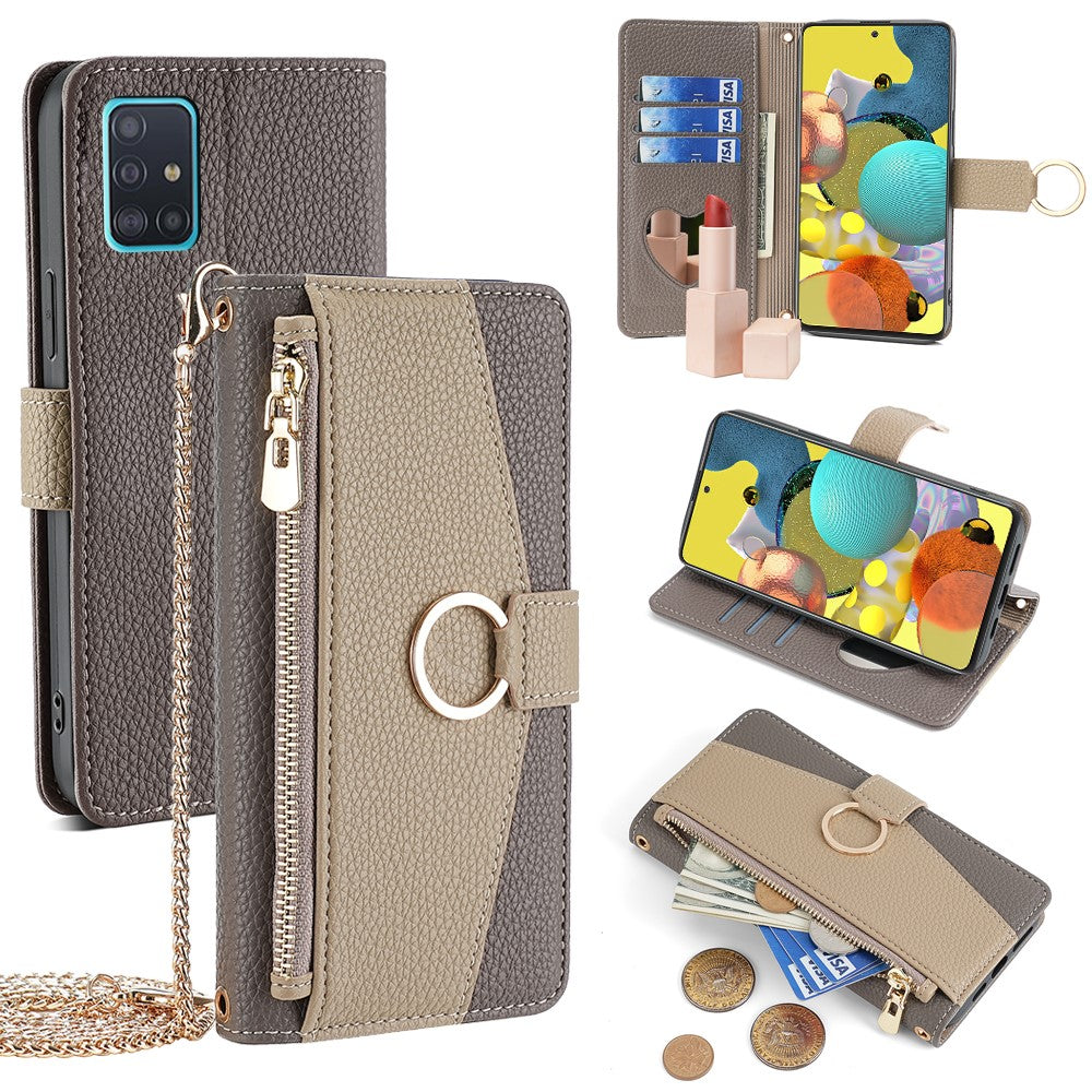 Galaxy A51 5G Wallet-Hülle – Litschi-Textur, mit Spiegel & Kettenschultergurt