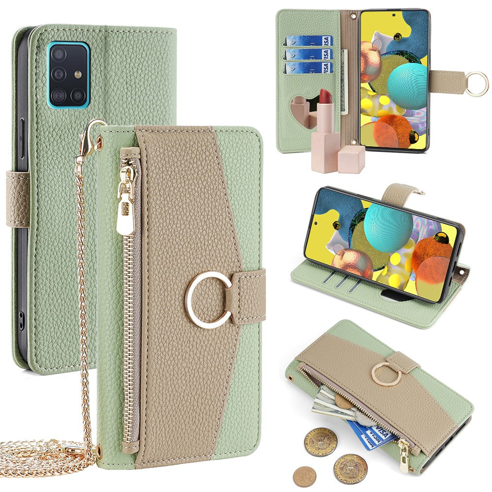 Galaxy A51 5G Wallet-Hülle – Litschi-Textur, mit Spiegel & Kettenschultergurt