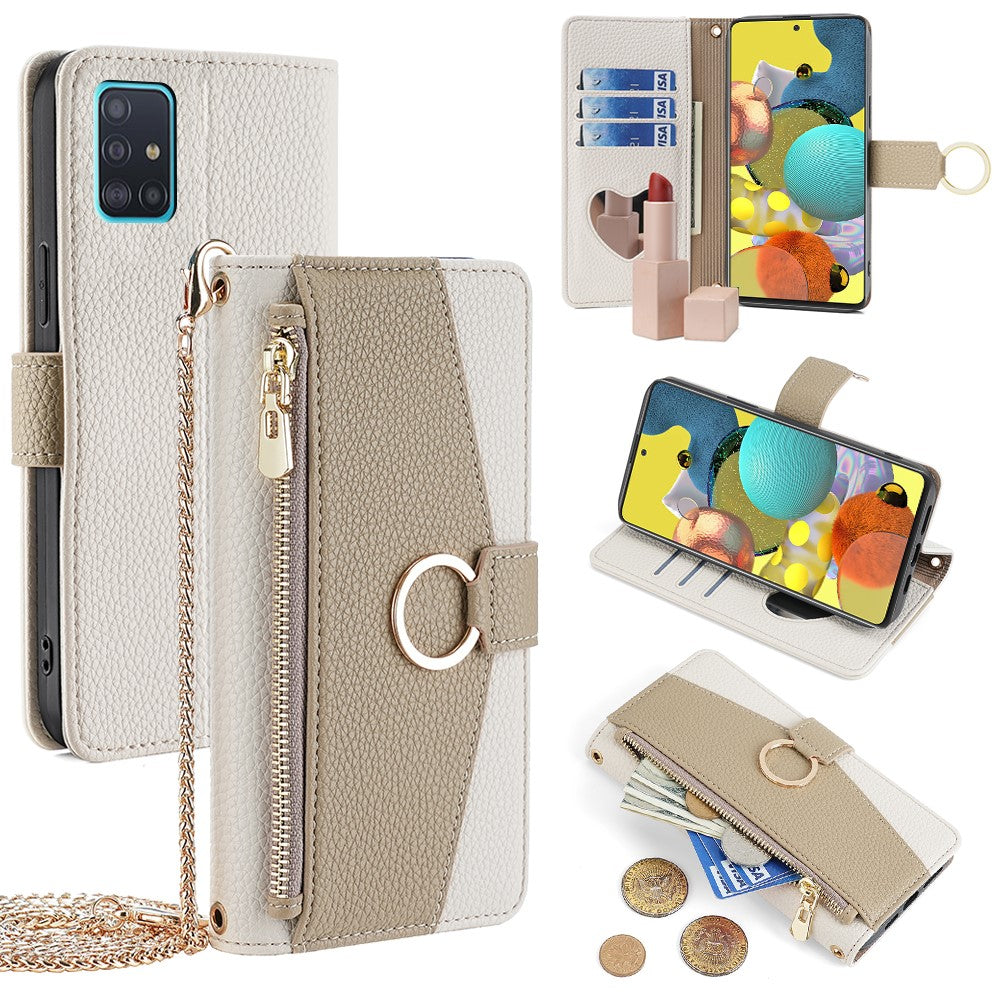 Galaxy A51 5G Wallet-Hülle – Litschi-Textur, mit Spiegel & Kettenschultergurt