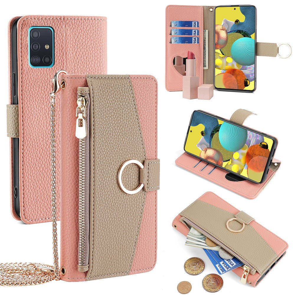 Galaxy A51 5G Wallet-Hülle – Litschi-Textur, mit Spiegel & Kettenschultergurt