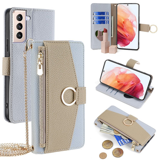 Galaxy S21 4G/5G Wallet-Hülle – Litschi-Textur, mit Spiegel & Kettenschultergurt