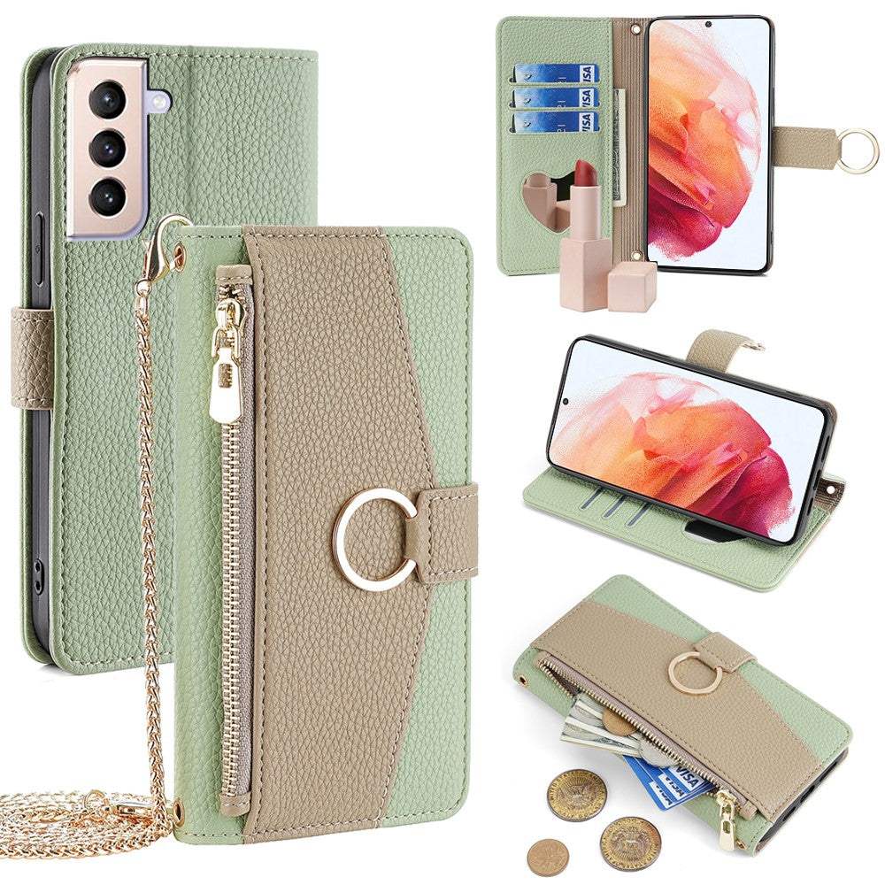 Galaxy S21 4G/5G Wallet-Hülle – Litschi-Textur, mit Spiegel & Kettenschultergurt