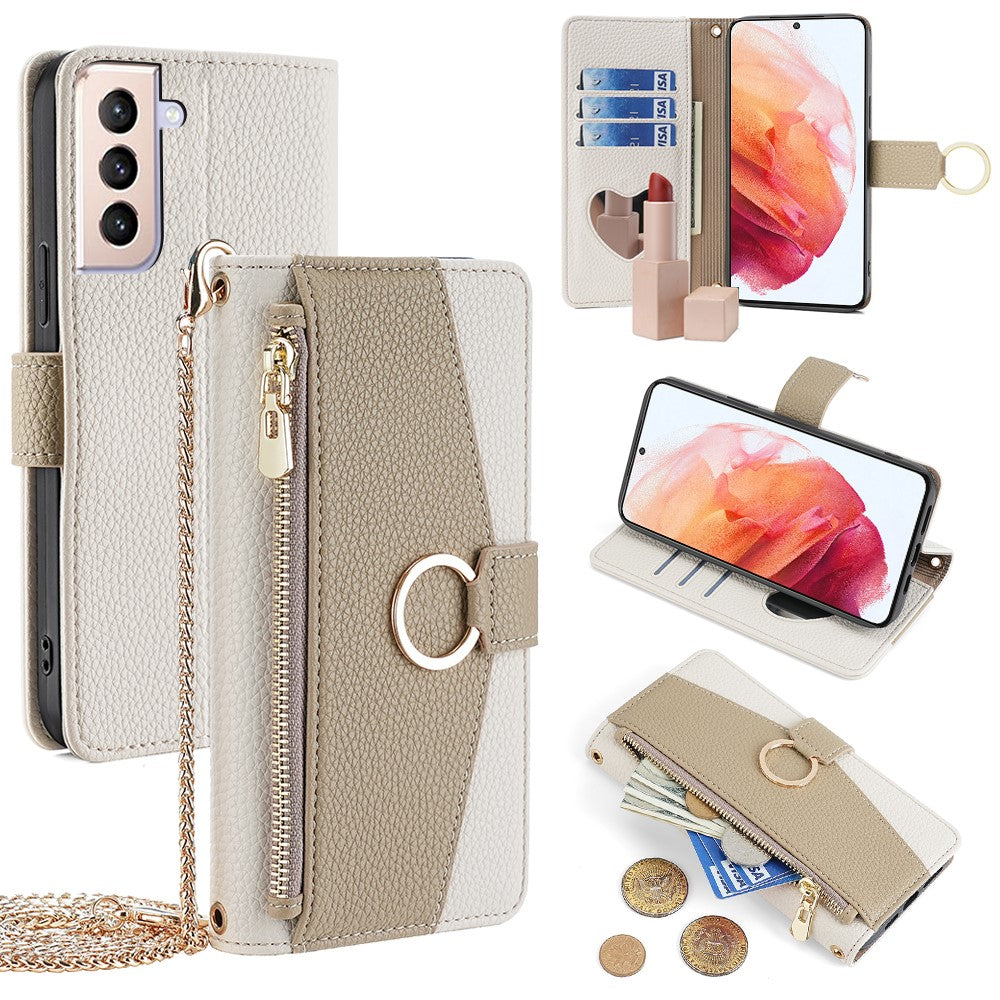 Galaxy S21 4G/5G Wallet-Hülle – Litschi-Textur, mit Spiegel & Kettenschultergurt