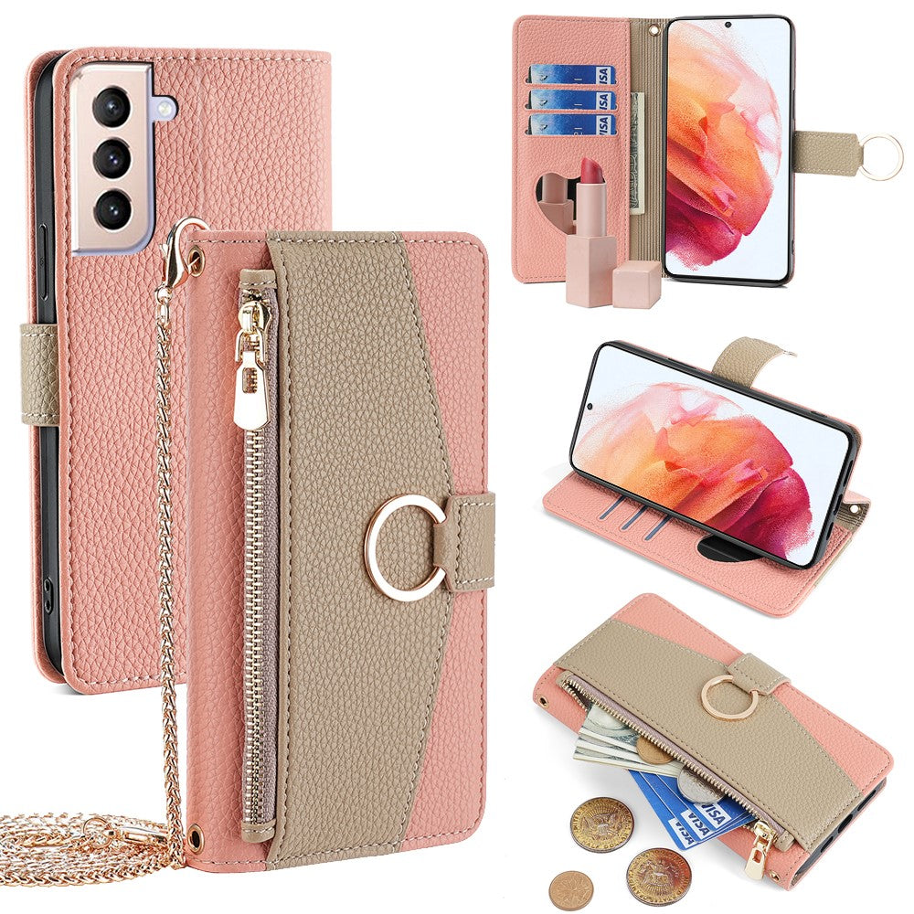 Galaxy S21 4G/5G Wallet-Hülle – Litschi-Textur, mit Spiegel & Kettenschultergurt