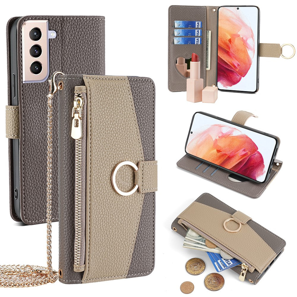 Galaxy S21 4G/5G Wallet-Hülle – Litschi-Textur, mit Spiegel & Kettenschultergurt