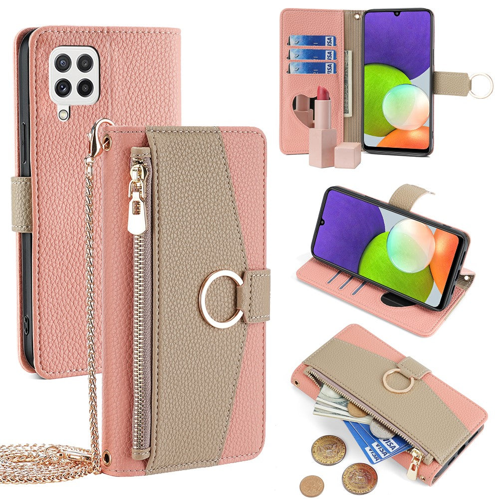 Galaxy A22 4G Wallet-Hülle – Litschi-Textur, mit Spiegel & Kettenschultergurt