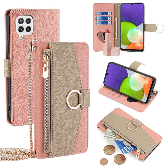 Galaxy A22 4G Wallet-Hülle – Litschi-Textur, mit Spiegel & Kettenschultergurt