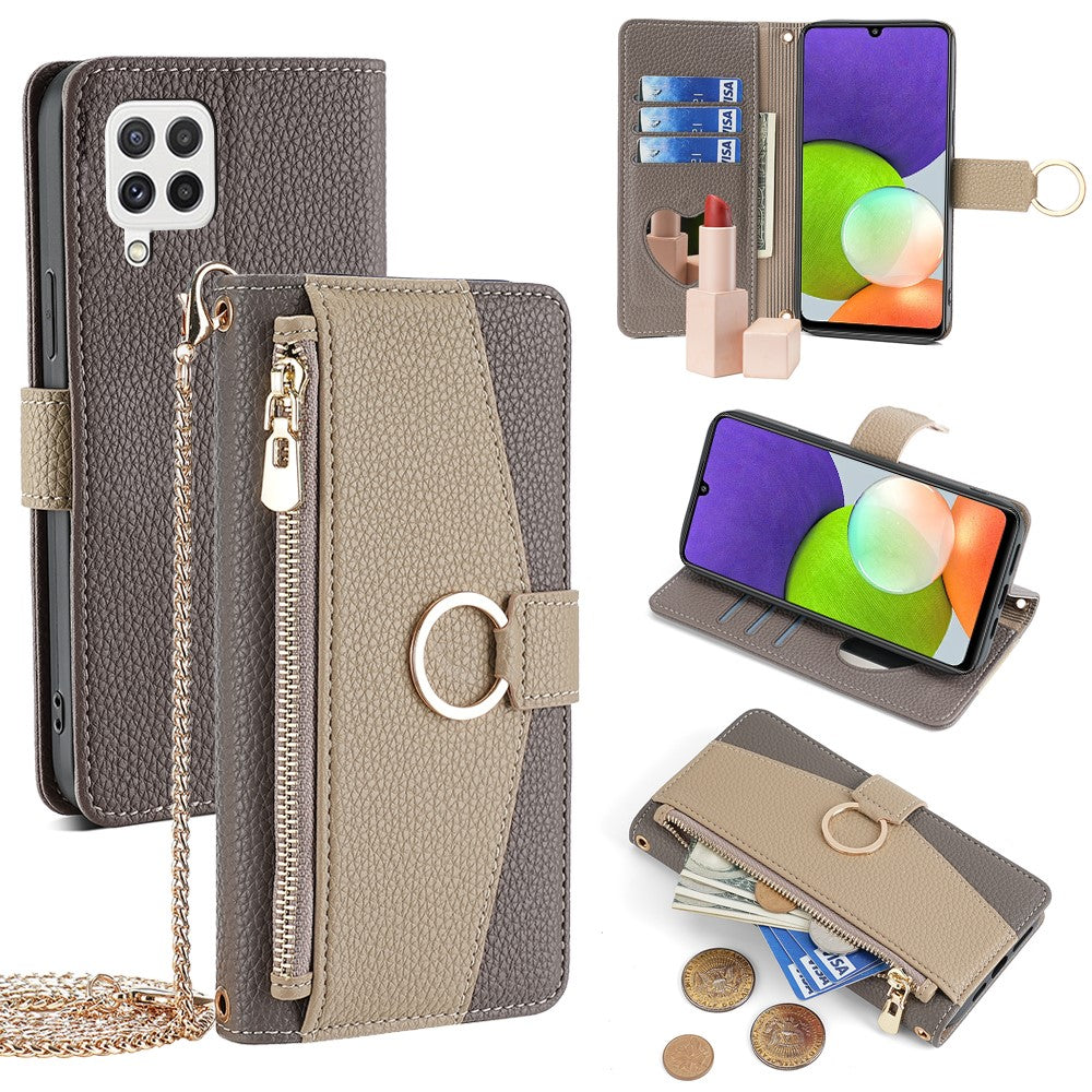 Galaxy A22 4G Wallet-Hülle – Litschi-Textur, mit Spiegel & Kettenschultergurt
