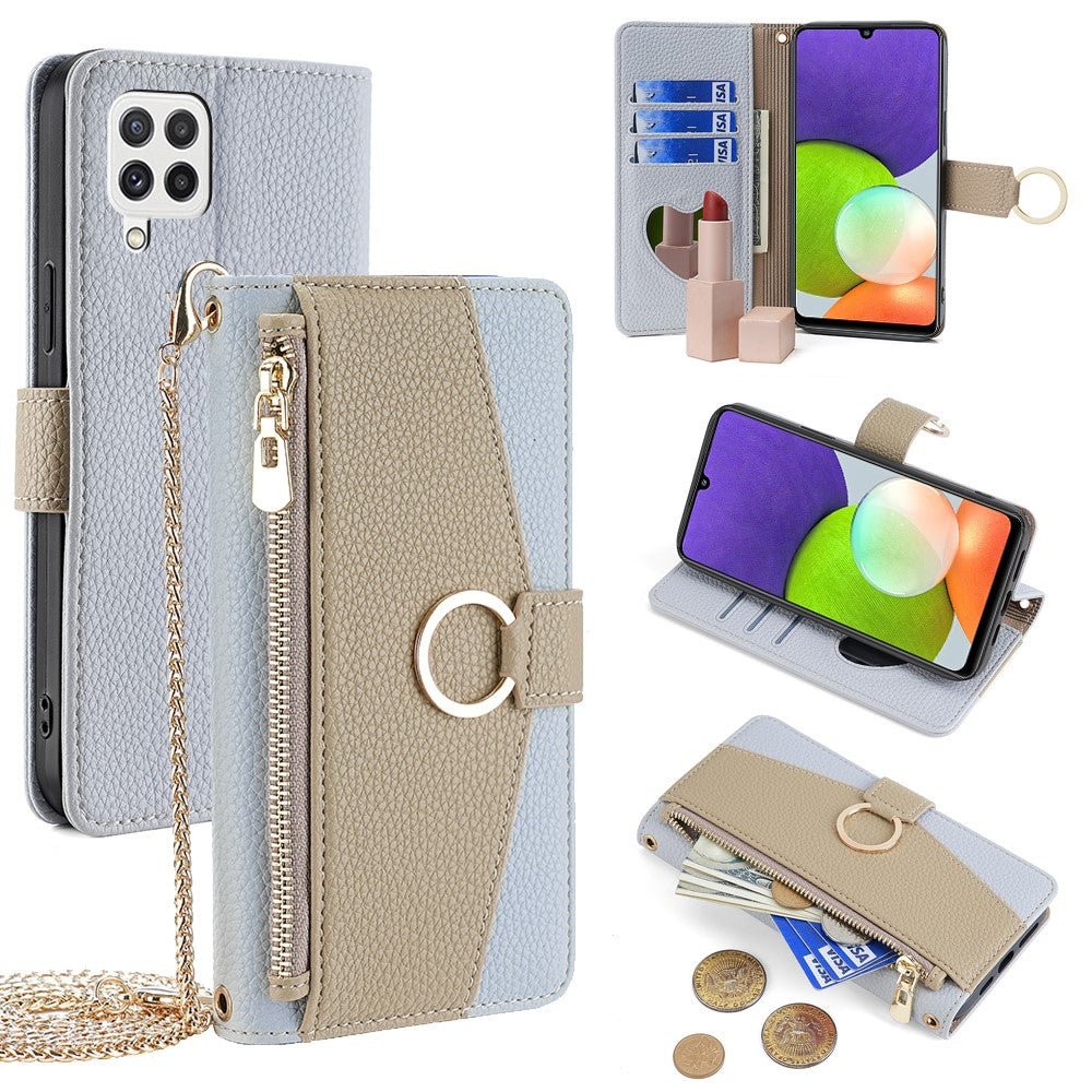 Galaxy A22 4G Wallet-Hülle – Litschi-Textur, mit Spiegel & Kettenschultergurt