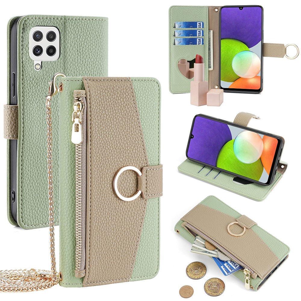 Galaxy A22 4G Wallet-Hülle – Litschi-Textur, mit Spiegel & Kettenschultergurt