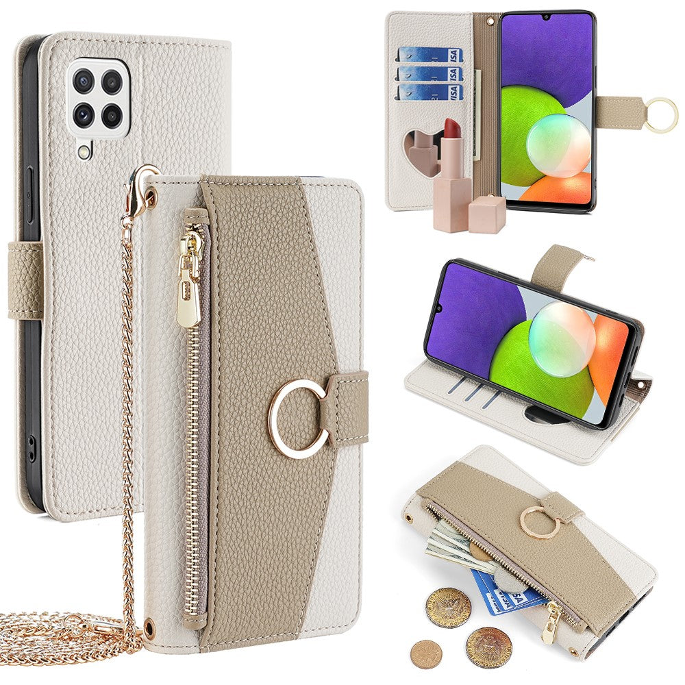 Galaxy A22 4G Wallet-Hülle – Litschi-Textur, mit Spiegel & Kettenschultergurt