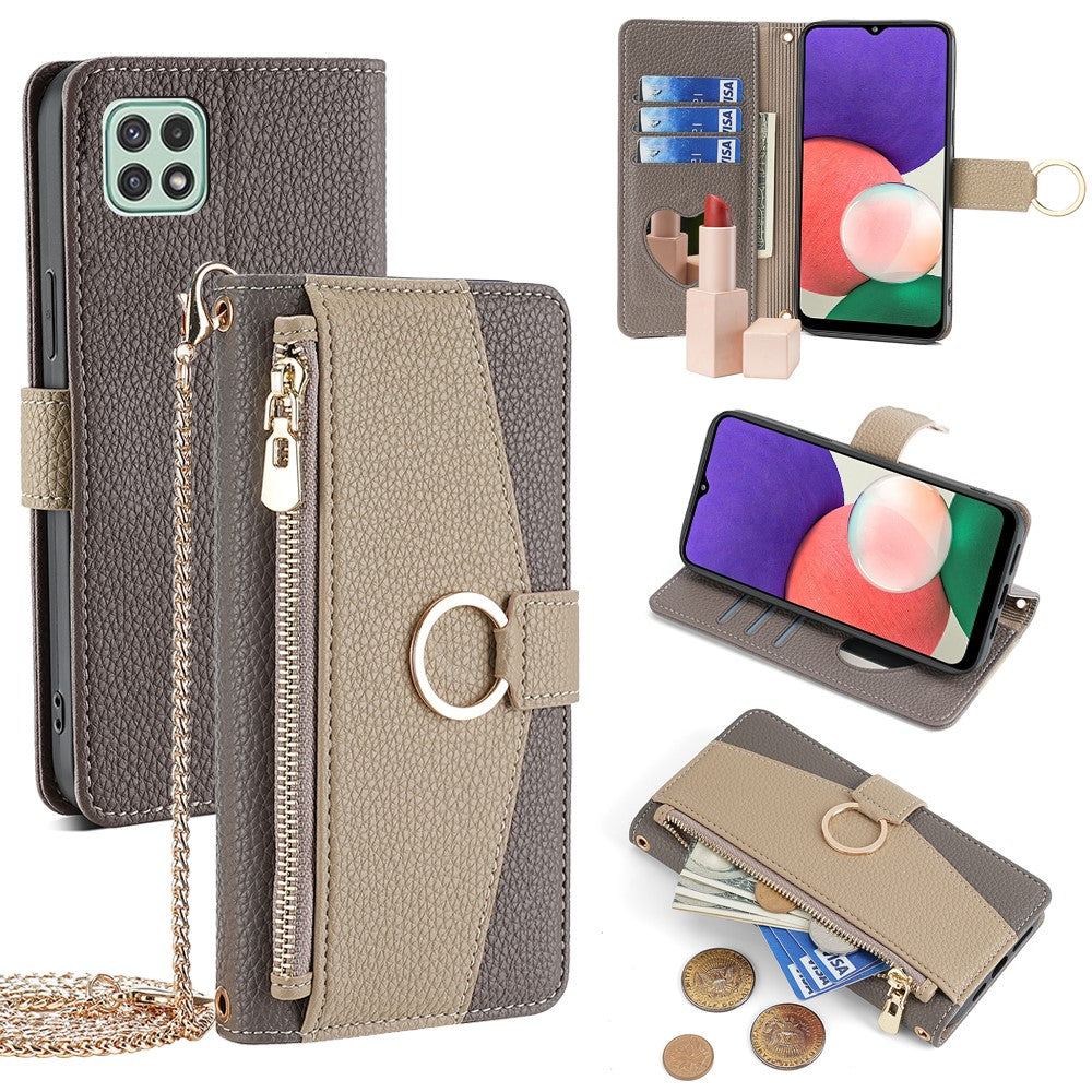 Galaxy A22 5G Wallet-Hülle – Litschi-Textur, mit Spiegel & Kettenschultergurt