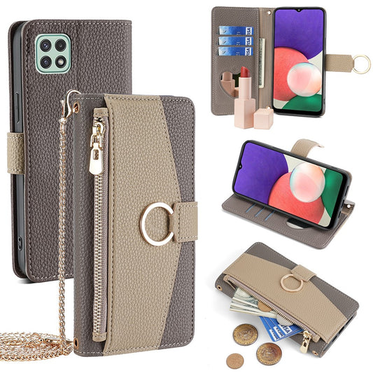 Galaxy A22 5G Wallet-Hülle – Litschi-Textur, mit Spiegel & Kettenschultergurt