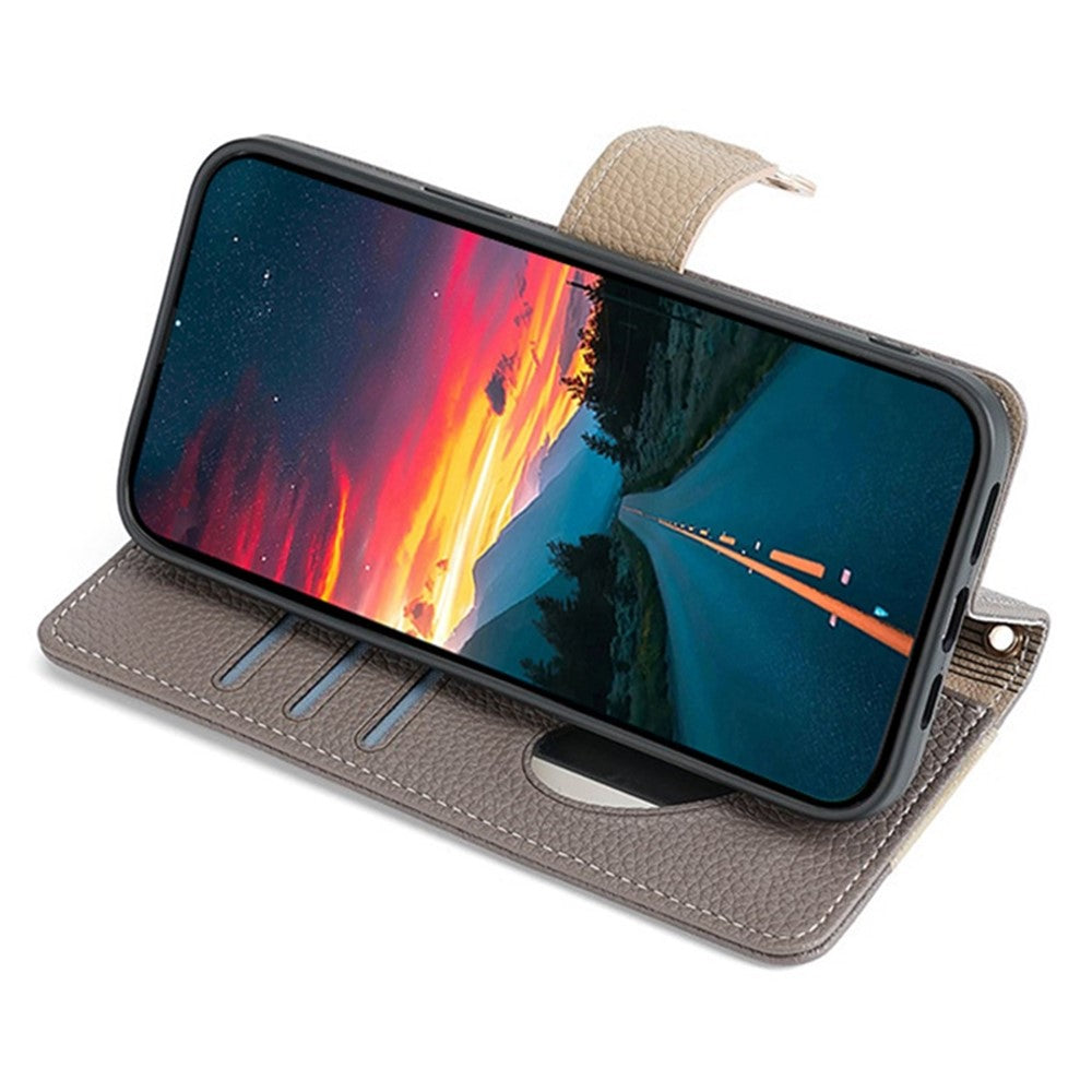 Galaxy A22 5G Wallet-Hülle – Litschi-Textur, mit Spiegel & Kettenschultergurt