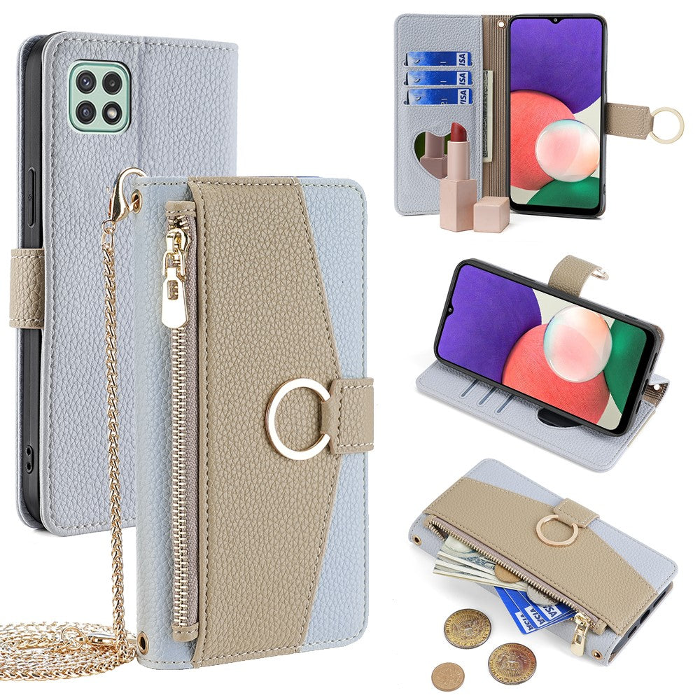 Galaxy A22 5G Wallet-Hülle – Litschi-Textur, mit Spiegel & Kettenschultergurt