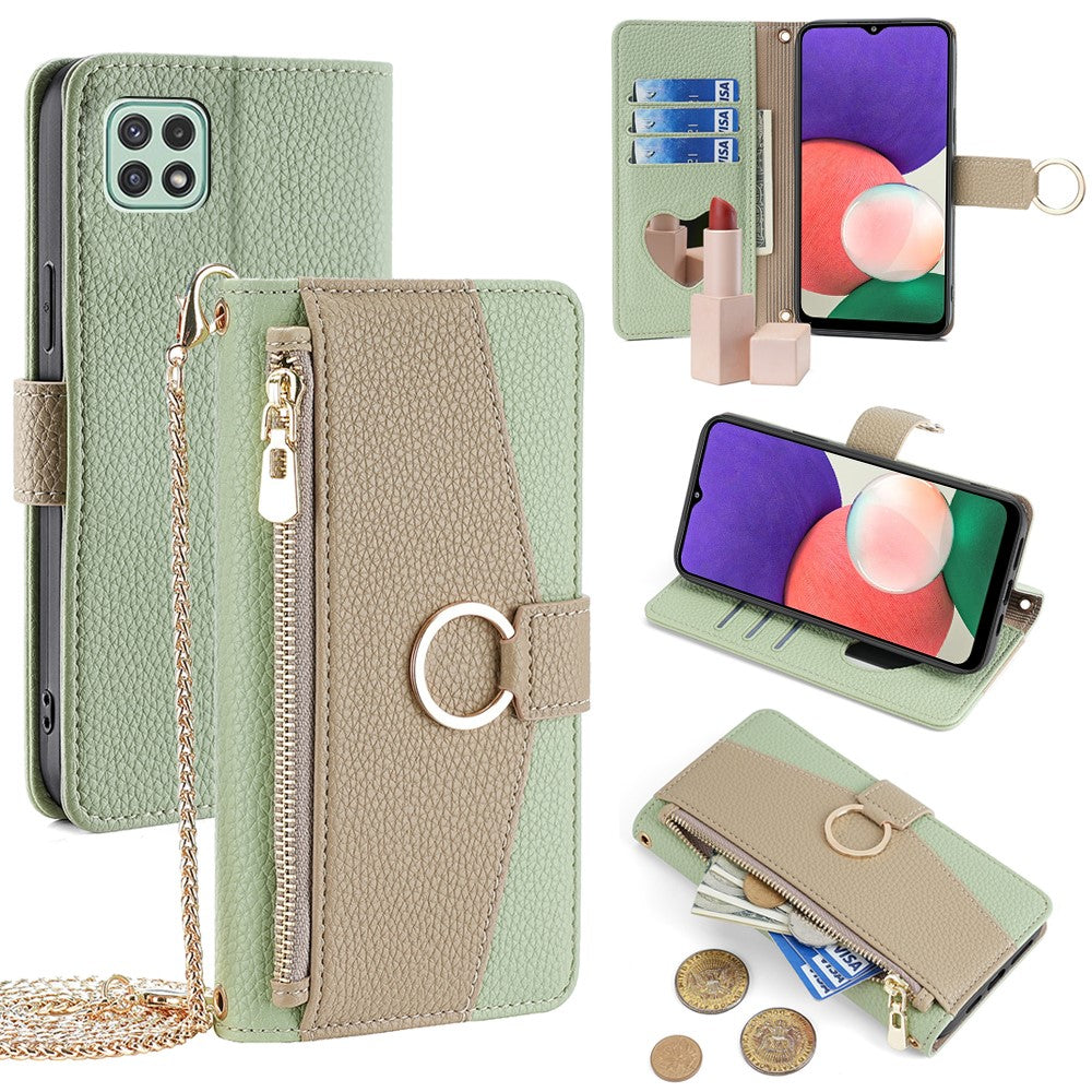 Galaxy A22 5G Wallet-Hülle – Litschi-Textur, mit Spiegel & Kettenschultergurt