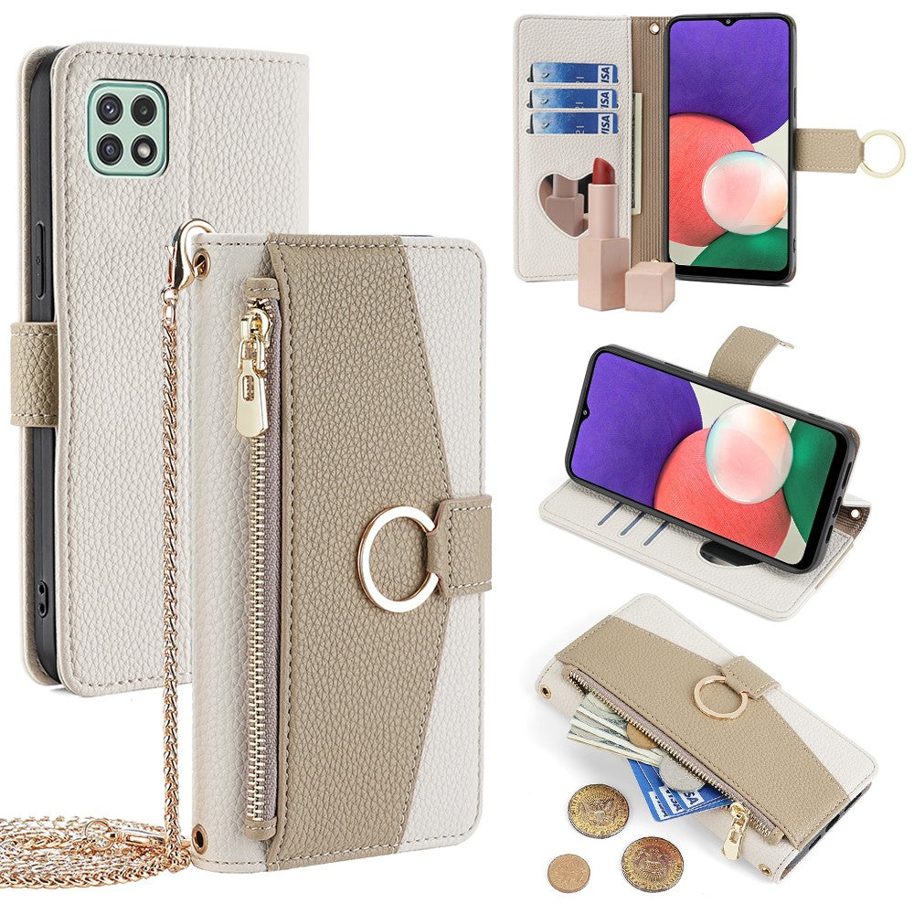 Galaxy A22 5G Wallet-Hülle – Litschi-Textur, mit Spiegel & Kettenschultergurt