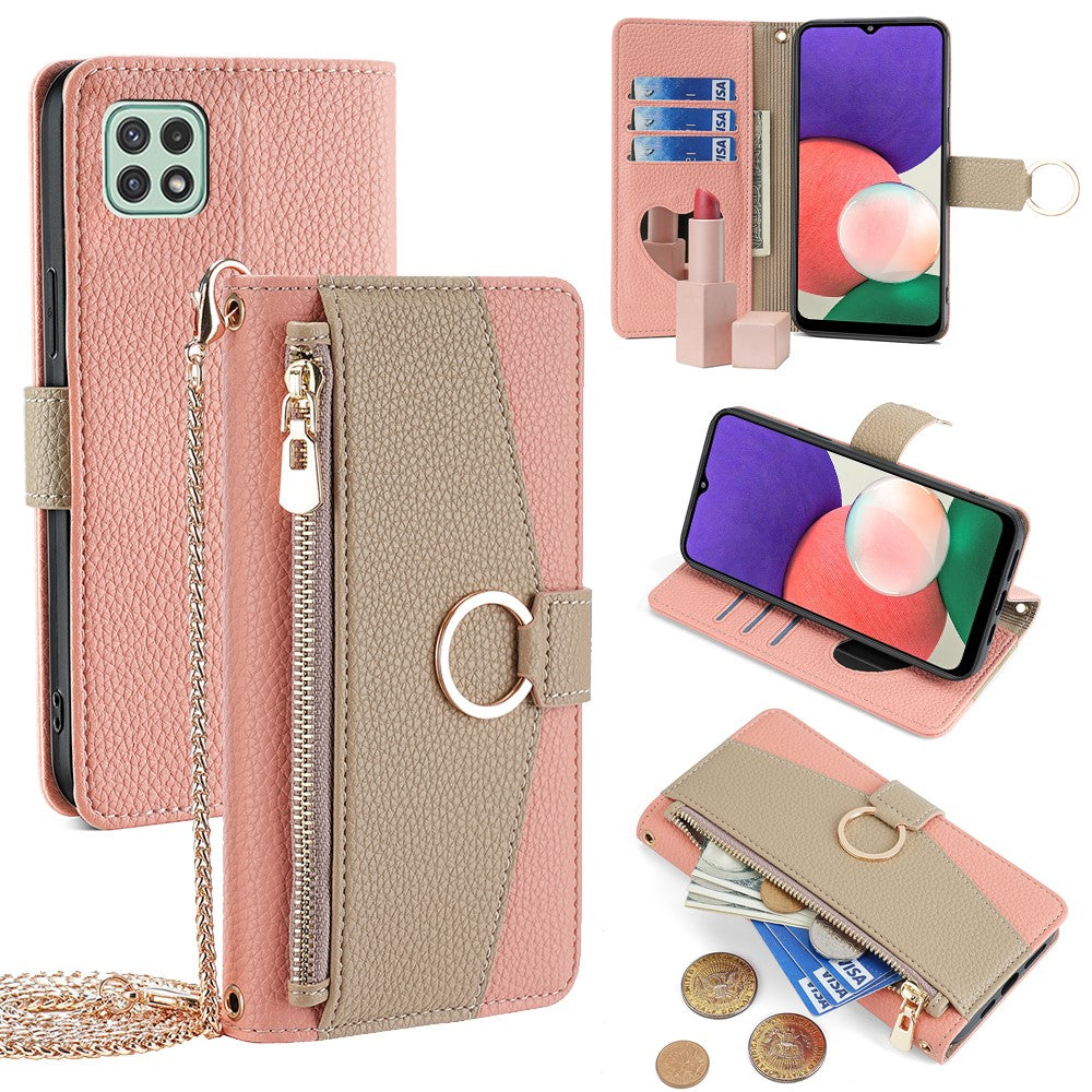 Galaxy A22 5G Wallet-Hülle – Litschi-Textur, mit Spiegel & Kettenschultergurt