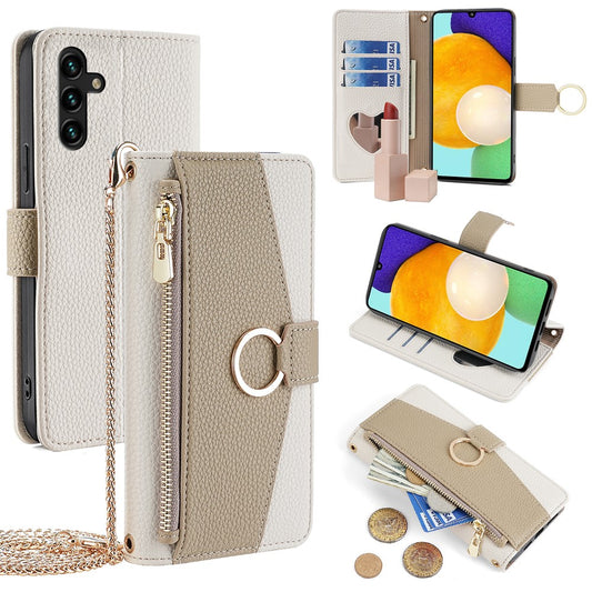 Galaxy A13 5G Wallet-Hülle – Litschi-Textur, mit Spiegel & Kettenschultergurt