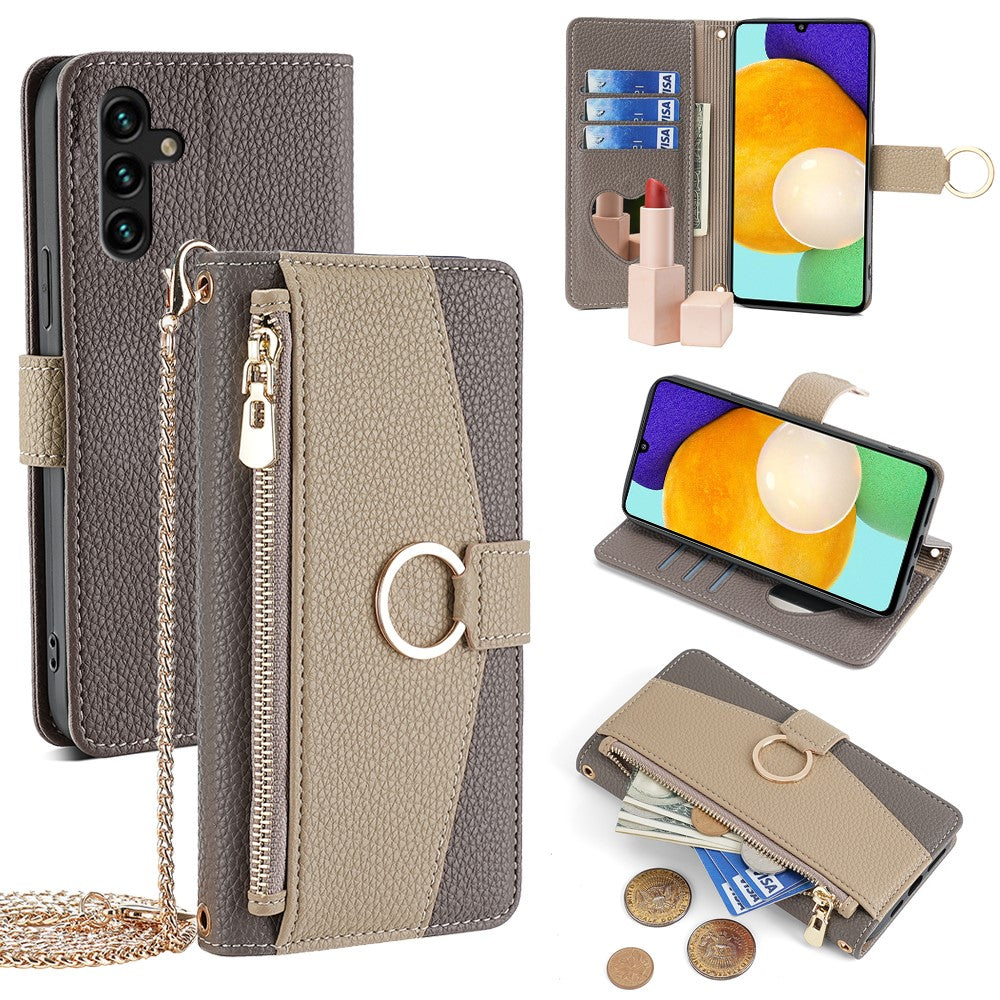 Galaxy A13 5G Wallet-Hülle – Litschi-Textur, mit Spiegel & Kettenschultergurt