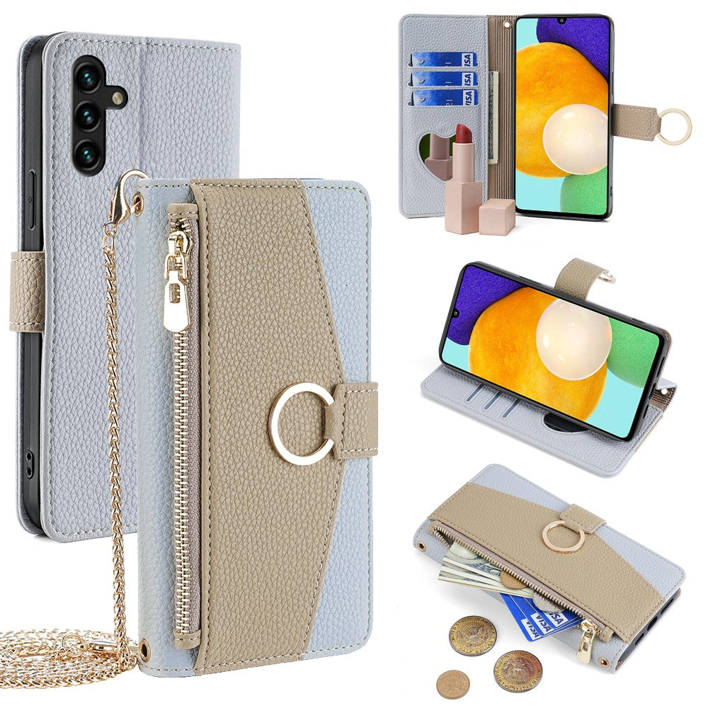 Galaxy A13 5G Wallet-Hülle – Litschi-Textur, mit Spiegel & Kettenschultergurt