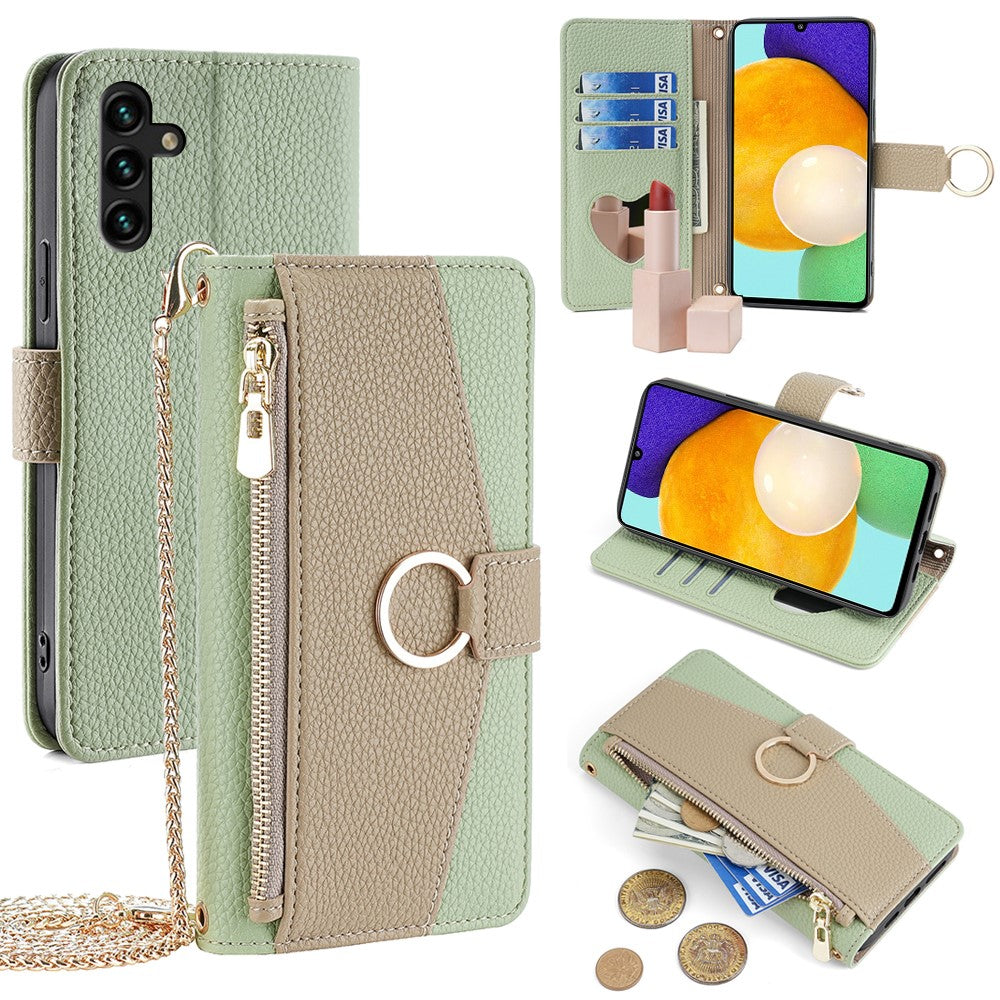 Galaxy A13 5G Wallet-Hülle – Litschi-Textur, mit Spiegel & Kettenschultergurt