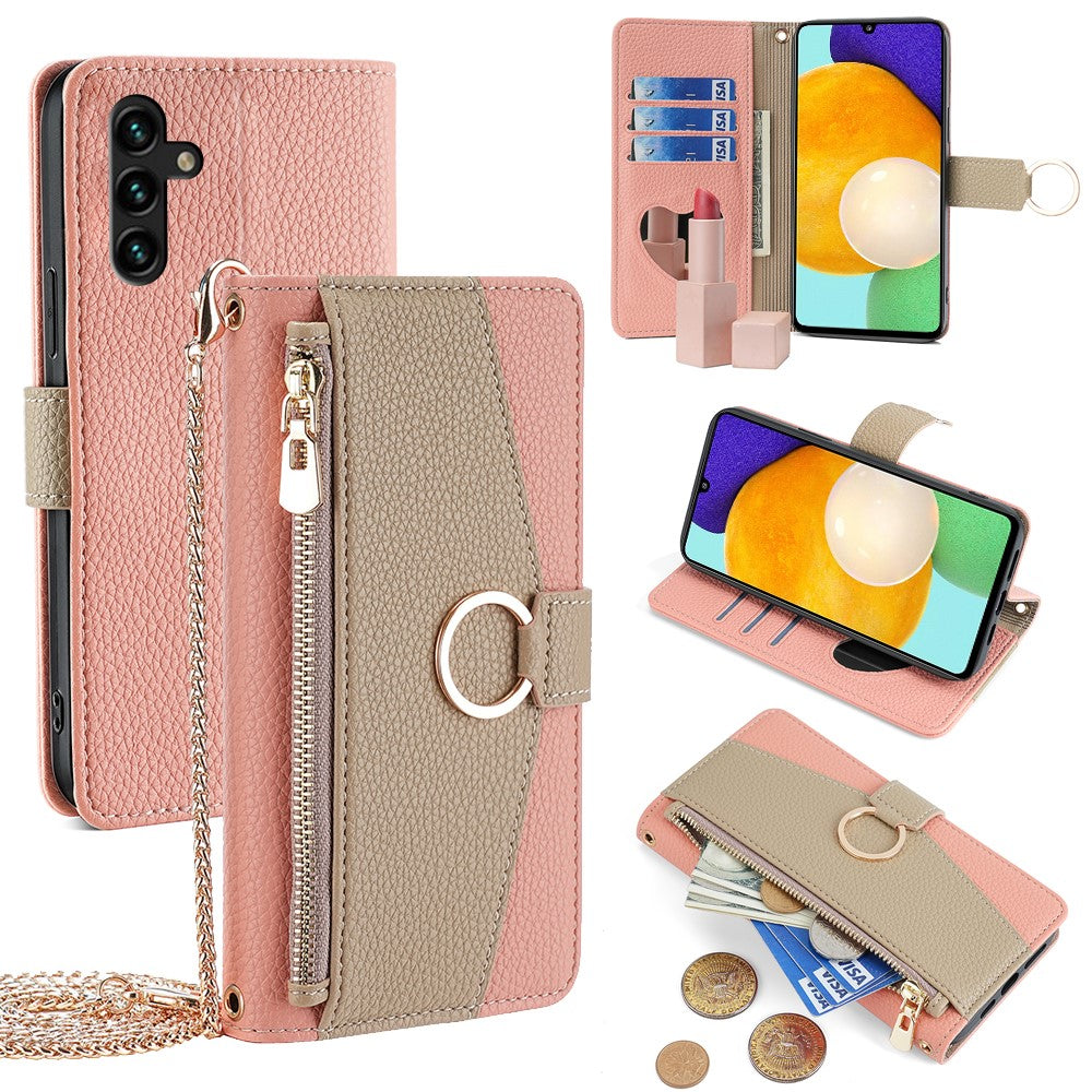 Galaxy A13 5G Wallet-Hülle – Litschi-Textur, mit Spiegel & Kettenschultergurt