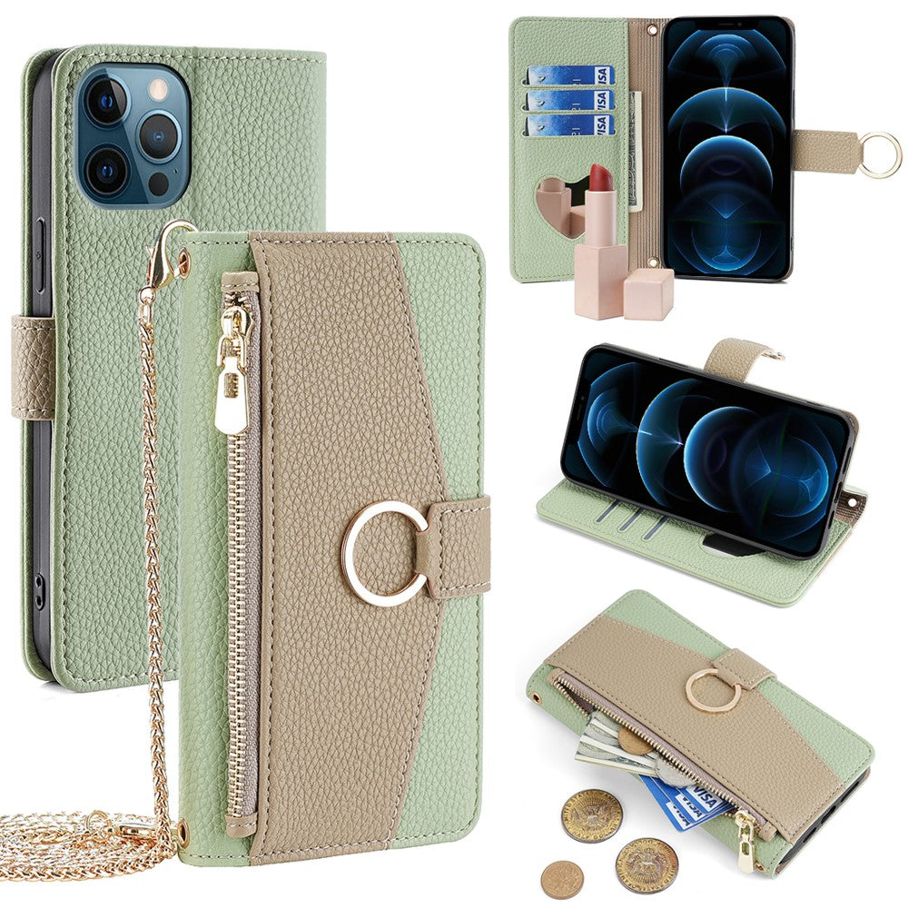 iPhone 12 Pro Max Wallet-Hülle – Litschi-Textur, mit Spiegel & Kettenschultergurt