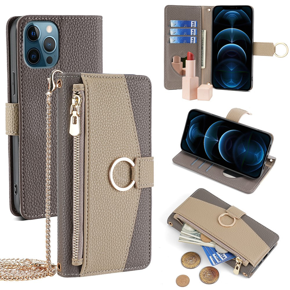 iPhone 12 Pro Max Wallet-Hülle – Litschi-Textur, mit Spiegel & Kettenschultergurt