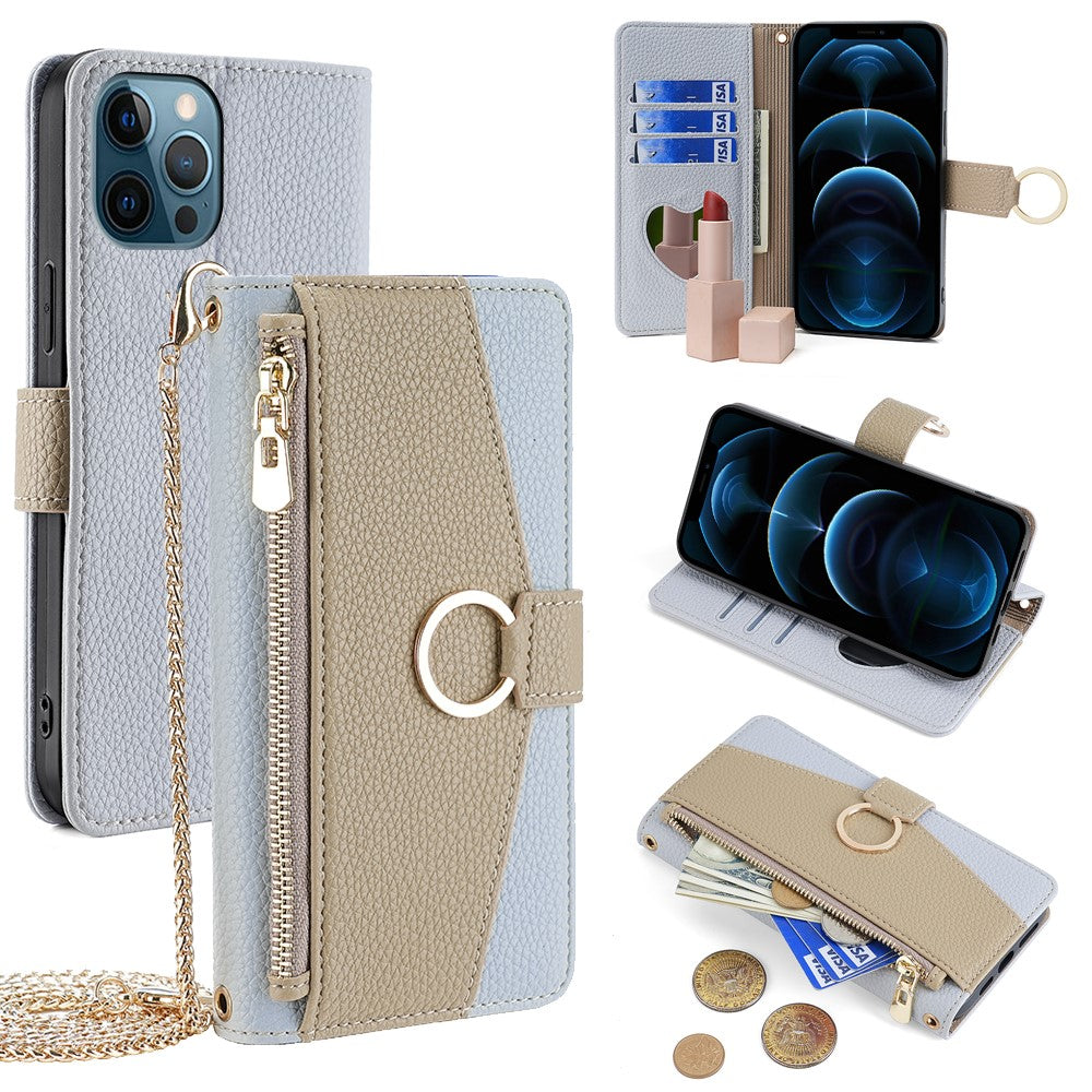 iPhone 12 Pro Max Wallet-Hülle – Litschi-Textur, mit Spiegel & Kettenschultergurt