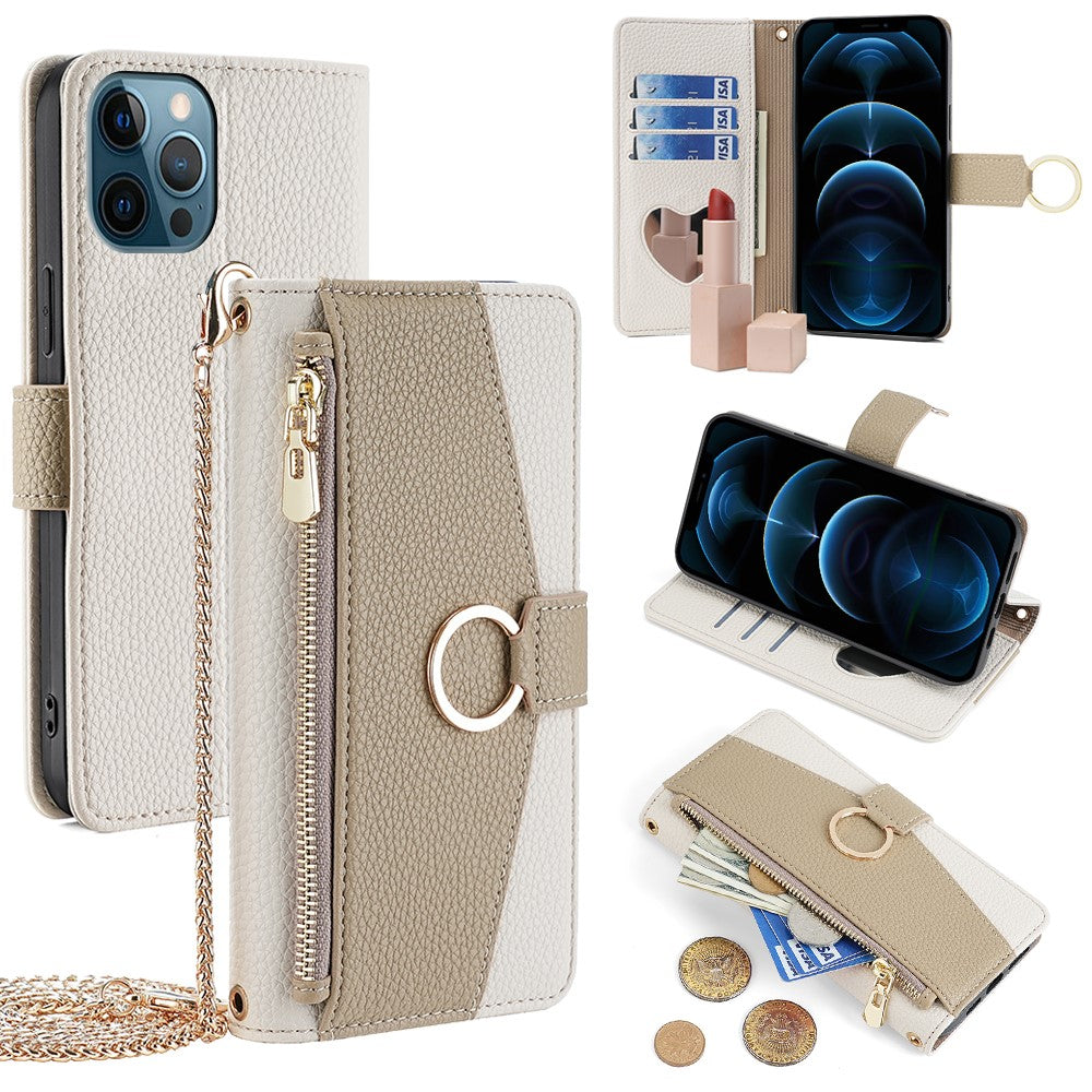 iPhone 12 Pro Max Wallet-Hülle – Litschi-Textur, mit Spiegel & Kettenschultergurt