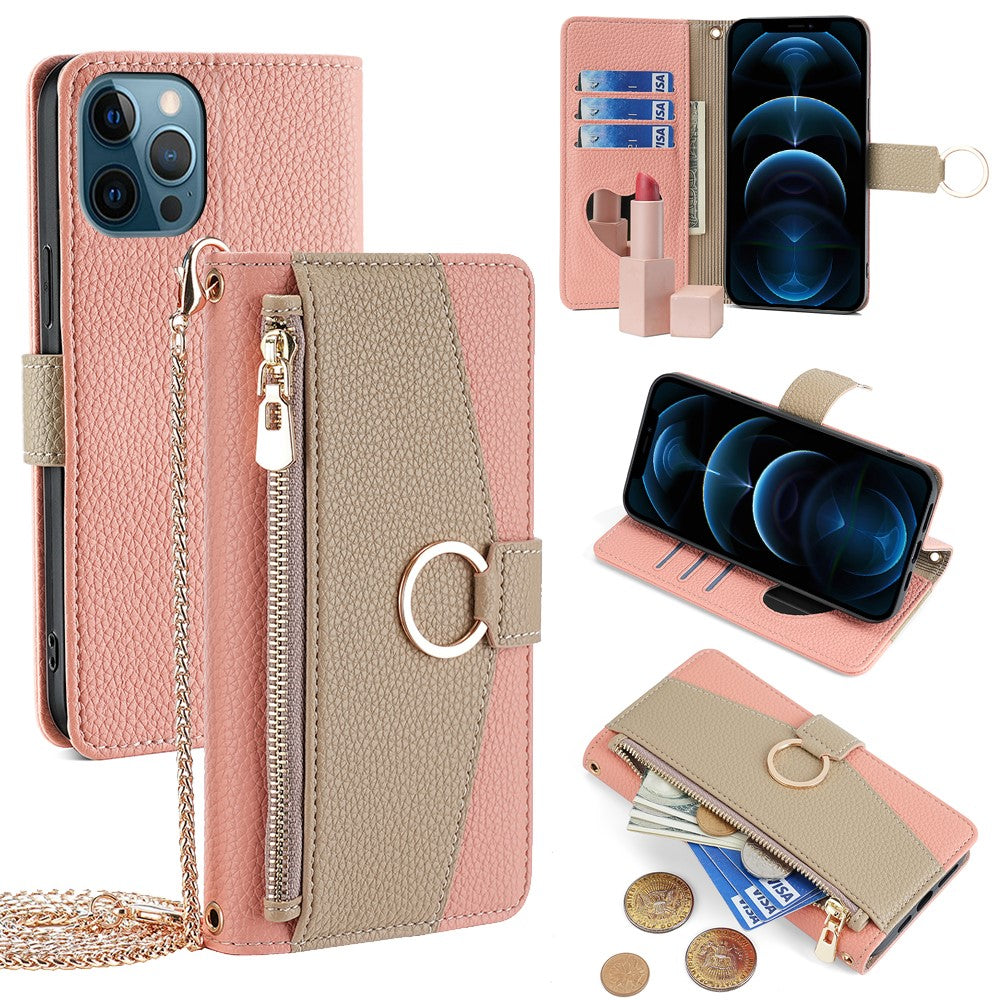 iPhone 12 Pro Max Wallet-Hülle – Litschi-Textur, mit Spiegel & Kettenschultergurt