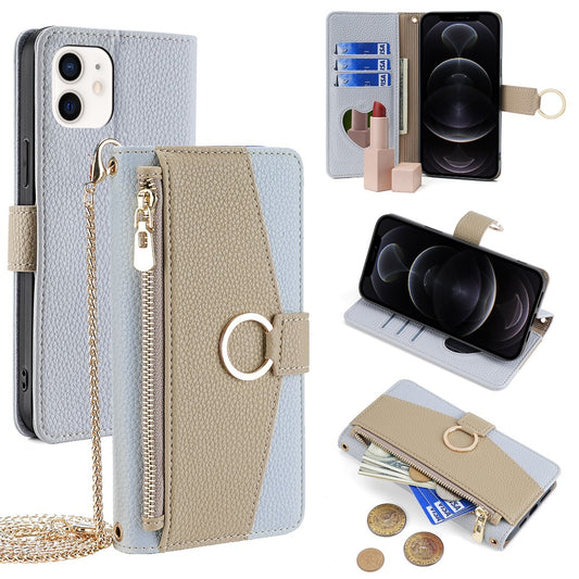 iPhone 12 / 12 Pro Wallet-Hülle – Litschi-Textur, mit Spiegel & Kettenschultergurt