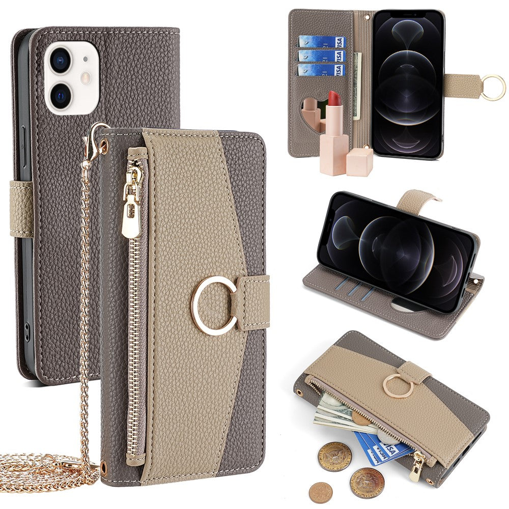 iPhone 12 / 12 Pro Wallet-Hülle – Litschi-Textur, mit Spiegel & Kettenschultergurt