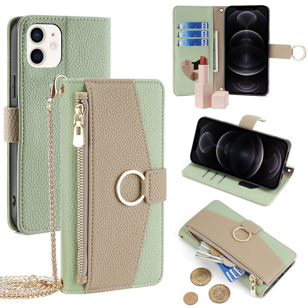 iPhone 12 / 12 Pro Wallet-Hülle – Litschi-Textur, mit Spiegel & Kettenschultergurt