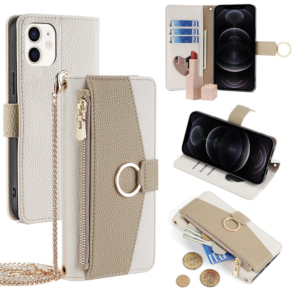 iPhone 12 / 12 Pro Wallet-Hülle – Litschi-Textur, mit Spiegel & Kettenschultergurt