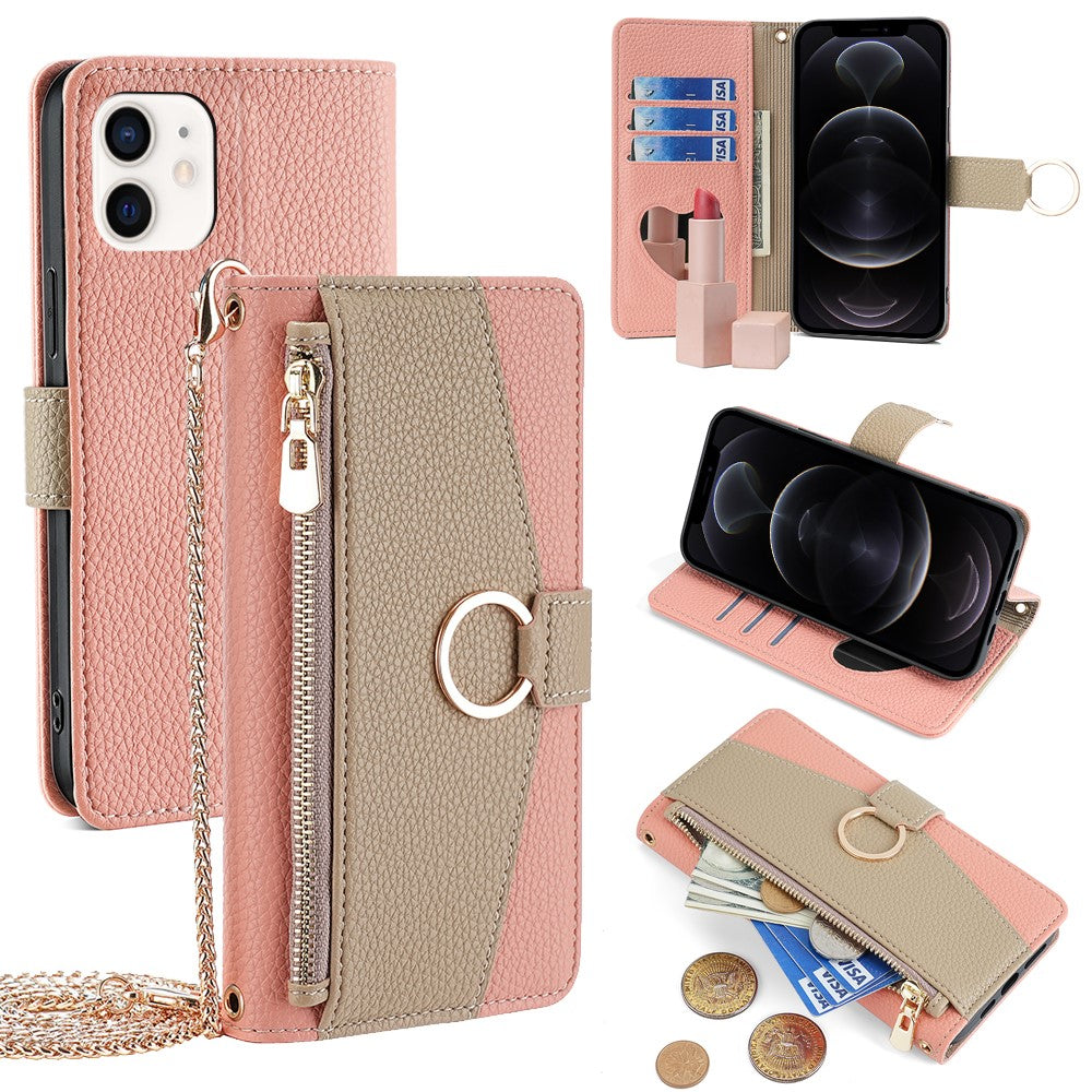 iPhone 12 / 12 Pro Wallet-Hülle – Litschi-Textur, mit Spiegel & Kettenschultergurt
