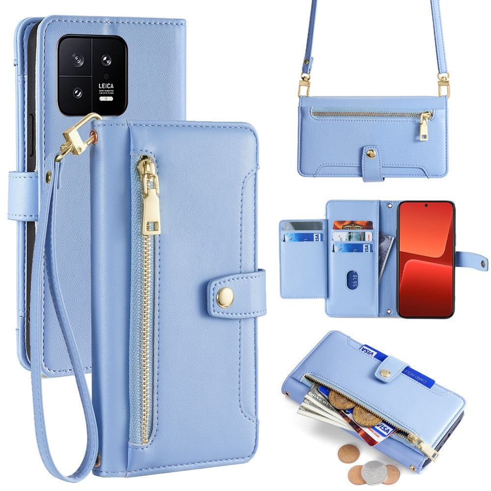 For Xiaomi 13 Case PU Leather Crossbody Phone Protector with Shoulder Wrist Straps