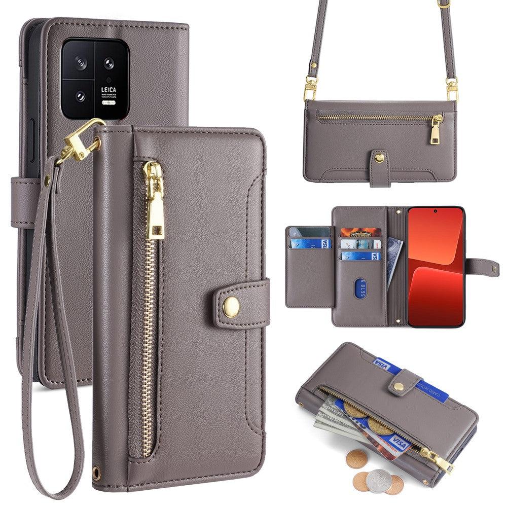 For Xiaomi 13 Case PU Leather Crossbody Phone Protector with Shoulder Wrist Straps