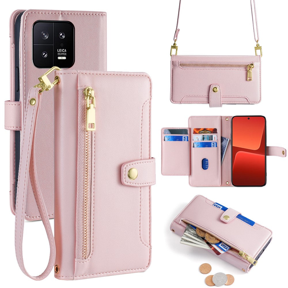 For Xiaomi 13 Case PU Leather Crossbody Phone Protector with Shoulder Wrist Straps