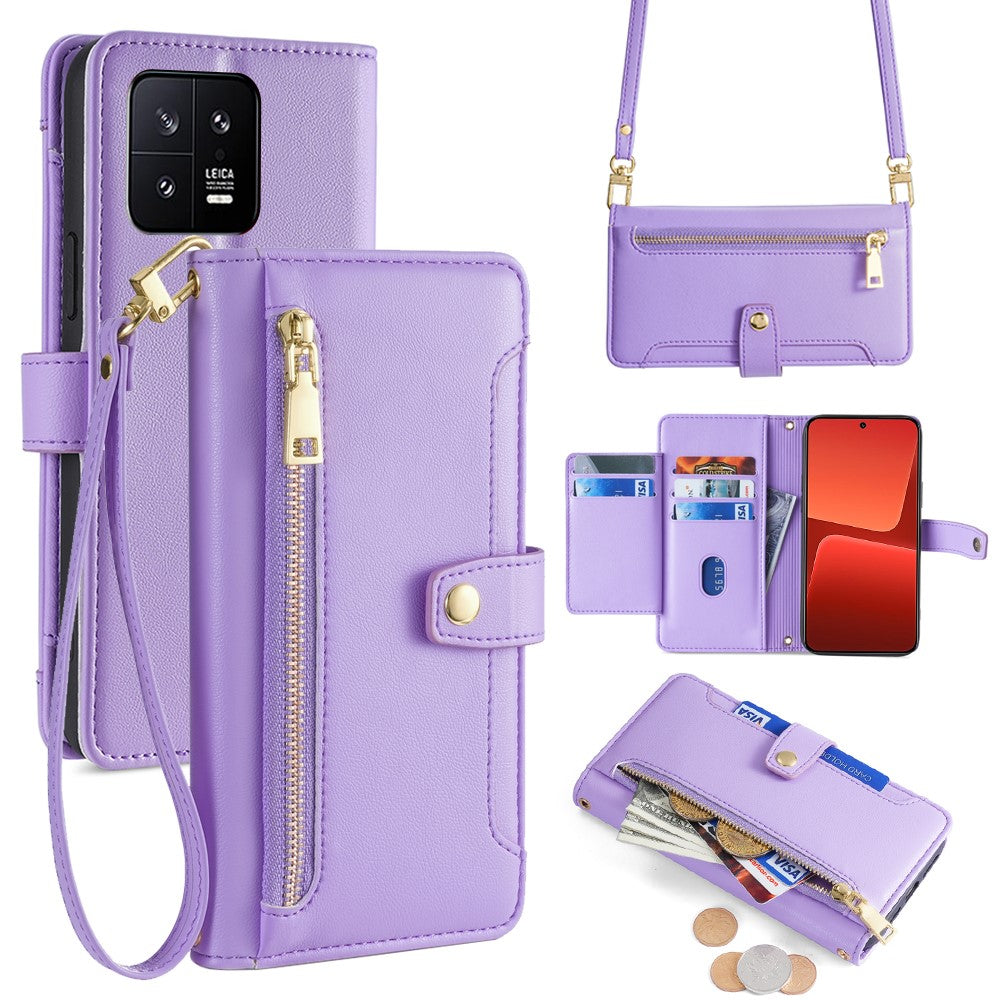 For Xiaomi 13 Case PU Leather Crossbody Phone Protector with Shoulder Wrist Straps