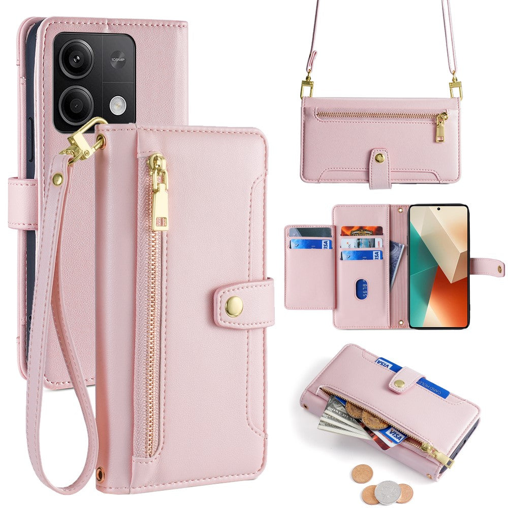 For Xiaomi Redmi Note 13 5G Crossbody Phone Case Zipper Pocket PU Leather Cover