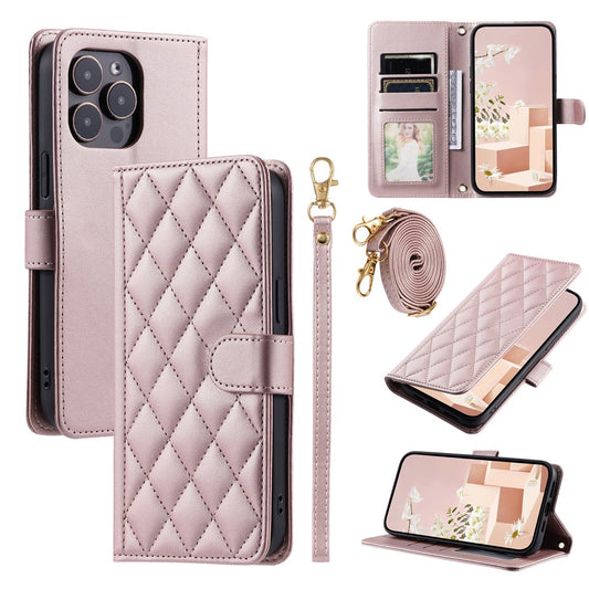 iPhone 15 Pro Wallet-Hülle – Rautenmuster mit Geldbörsenfunktion & Riemen