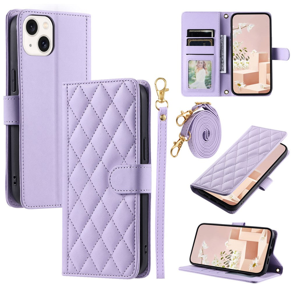 iPhone 13 mini Wallet-Hülle – Rautenmuster mit Geldbörsenfunktion & Riemen